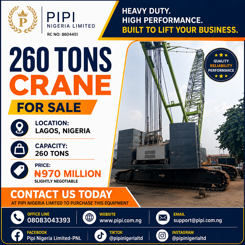 260 Tons Crane For Sale At Pipi Nigeria Limited. Price: N970 Million Naira. Chat With Us On WhatsApp On 08083043393. Let's Get The Deal Done🤝
