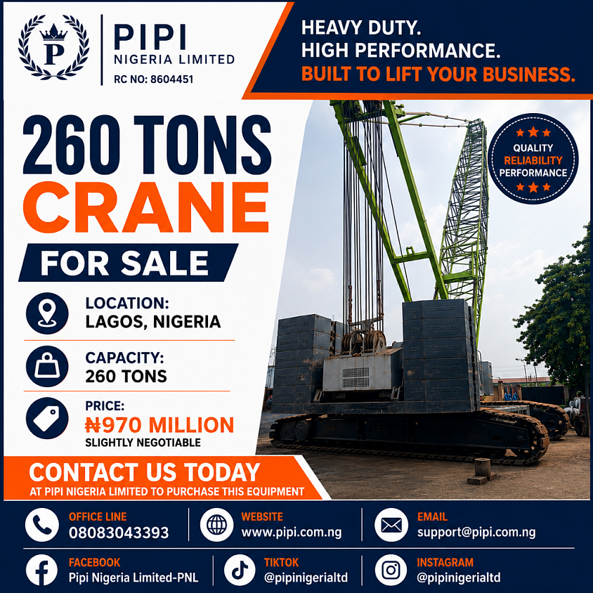 260 Tons Crane For Sale At Pipi Nigeria Limited. Price: N970 Million Naira. Chat With Us On WhatsApp On 08083043393. Let's Get The Deal Done🤝