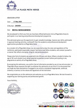 The MD La Plage Metaverse Schoo Admission Letter